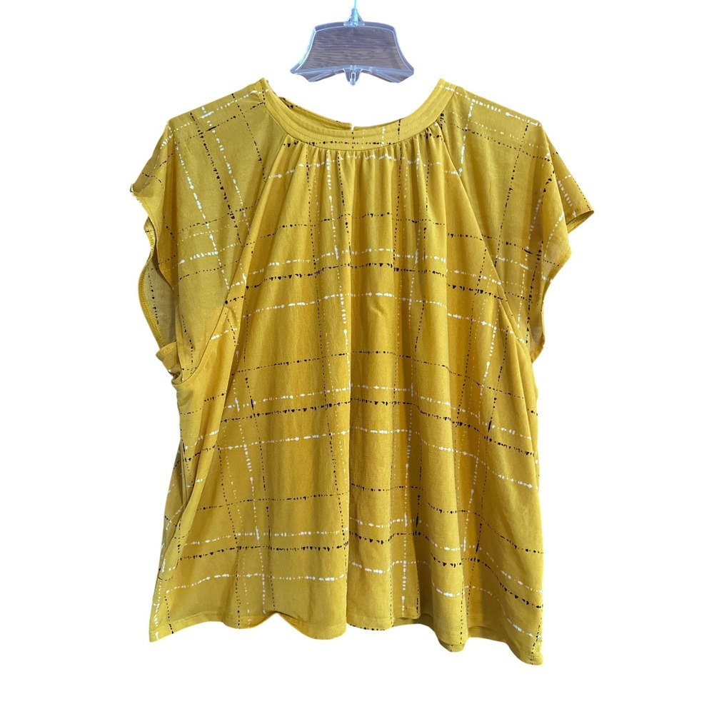 APT.9 Yellow Gold Grid Pattern Short‎ Sleeve Gathered Neck Blouse Women's XXL